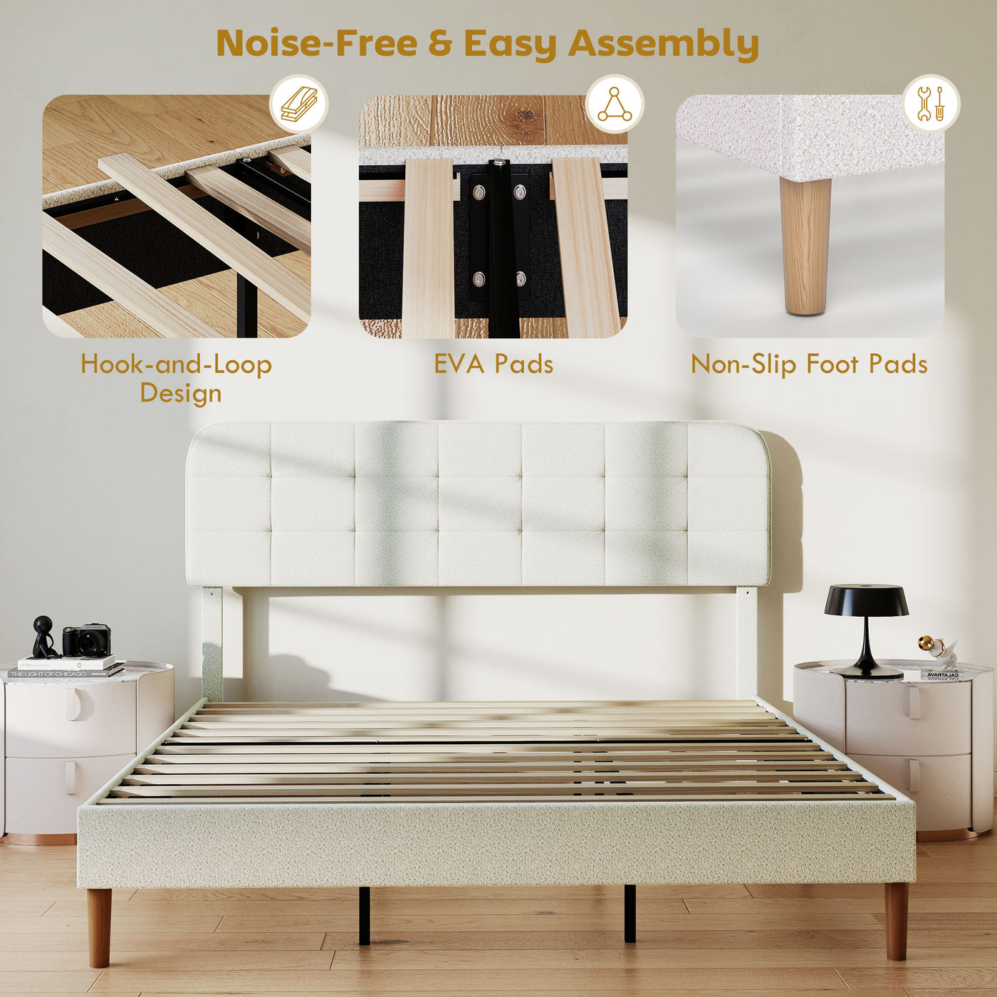 King Size Bed Frame with Adjustable Headboard Upholstered Platform Bed Frame with Wood Slat Support Noise Free White