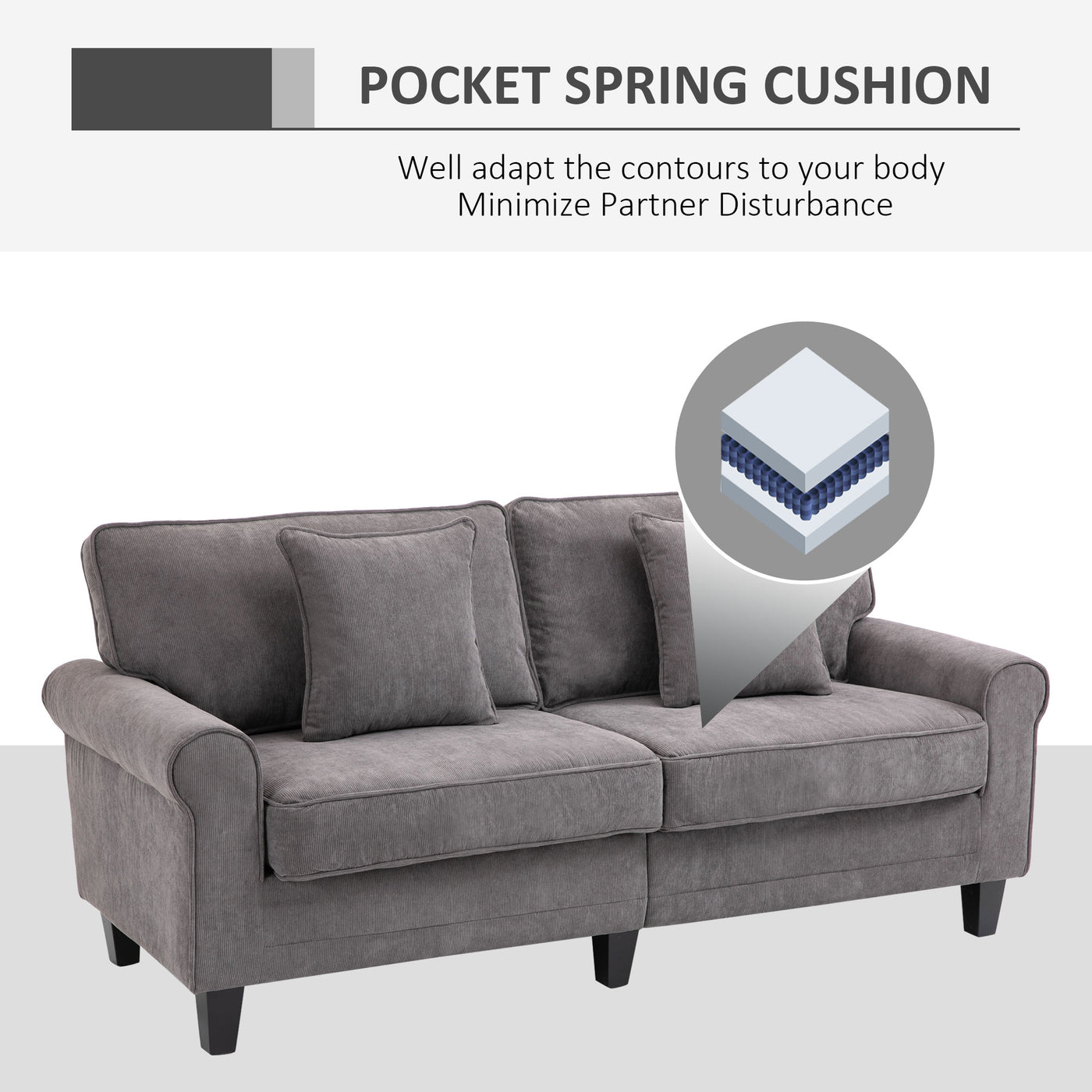 Modern 3 Seater Sofa, Corduroy Fabric 3 Seater Couch with Pine Wood Legs and Rolled Armrests for Living Room, Light Grey