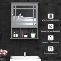 Bathroom Cabinet Wall Mount with Mirror Door 3 Shelf Organizer for Bathroom, Kitchen, Bedroom, Grey
