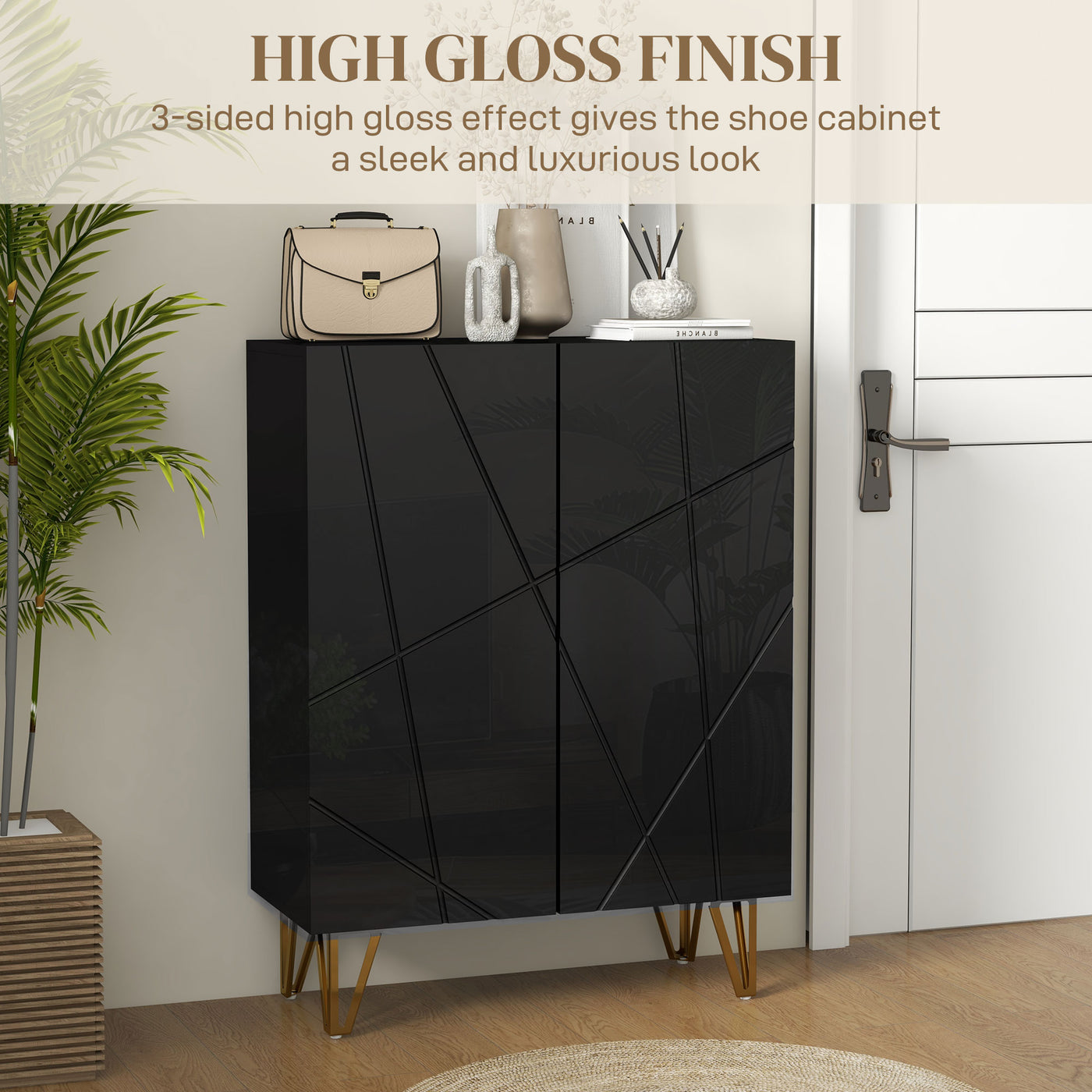 Narrow Shoe Storage Cabinet with Soft-Close Hinges and Adjustable Shelves for 15-20 Pairs of Shoes, High Gloss Black