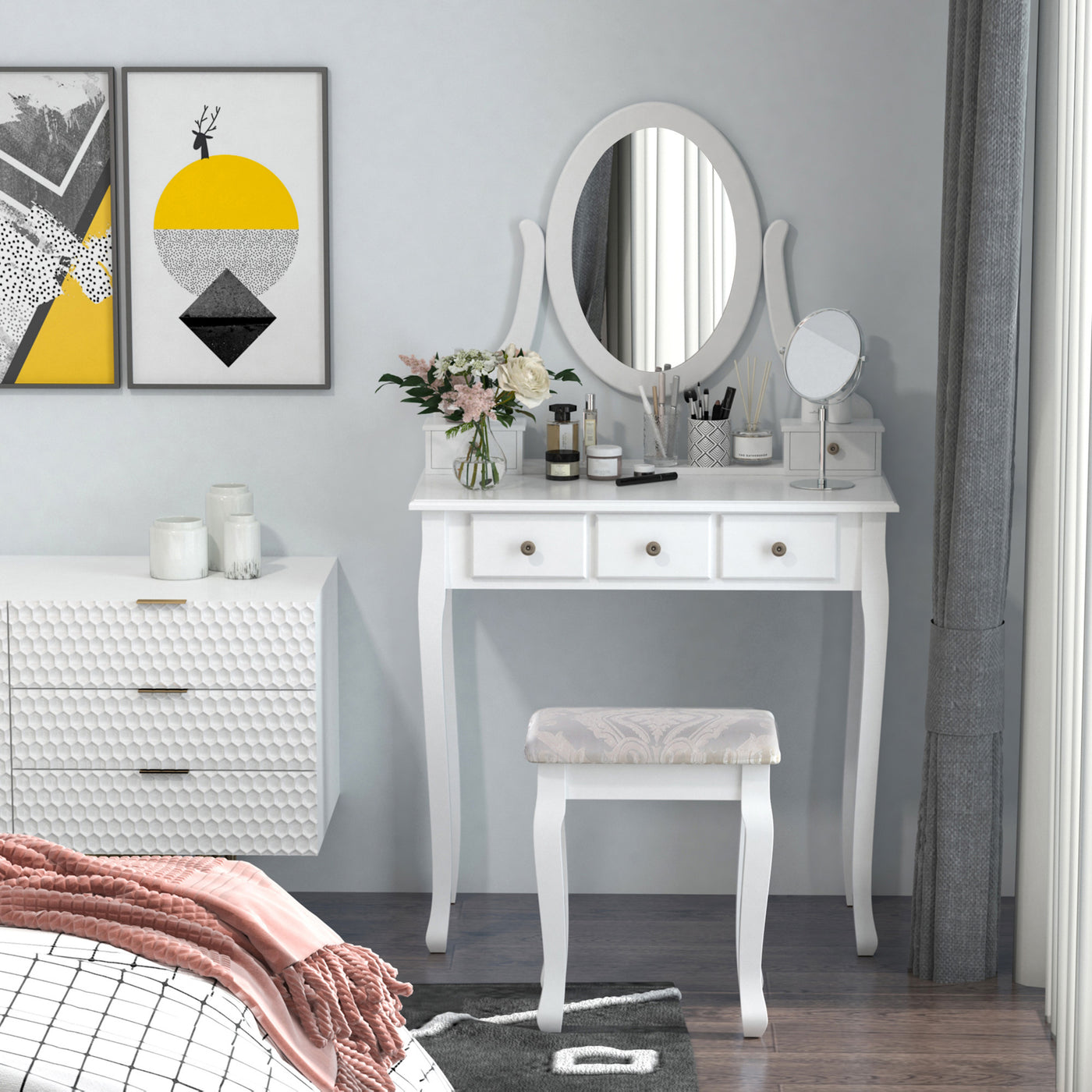 Wooden Vanity Table Set, Makeup Dressing Table with 360° Rotating, 5 Drawers and Padded Stool, White