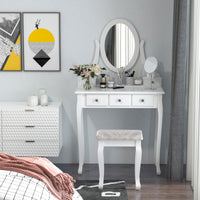 Wooden Vanity Table Set, Makeup Dressing Table with 360° Rotating, 5 Drawers and Padded Stool, White