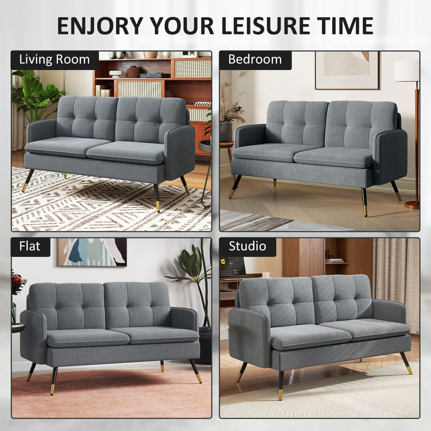 55" Loveseat Sofa, Corduroy Love Seat w/ S spring, Steel Legs and Button Tufting, Small Couch for Living Room, Dark Grey