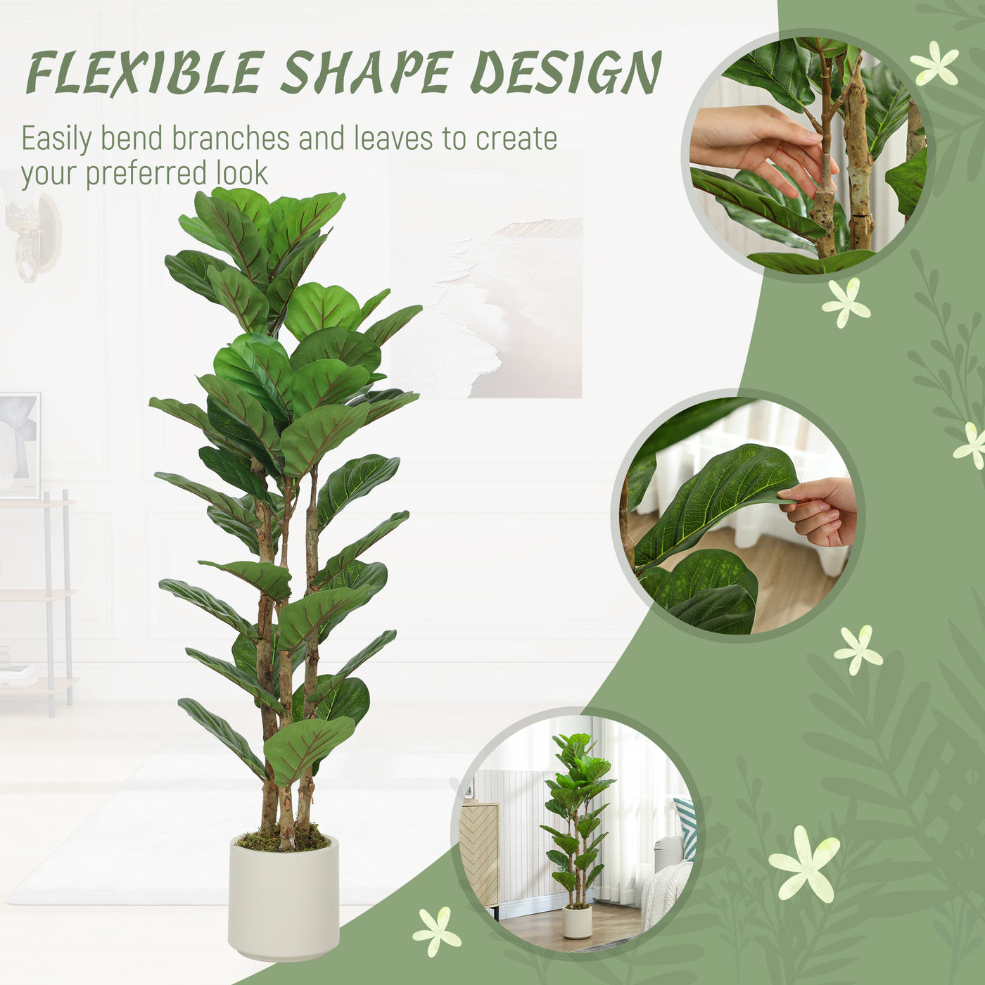 4FT Artificial Fiddle Leaf Fig Tree, Fake Potted Tree with Solid Wood Trunks and Lifelike Leaves for Indoor Decor, Green