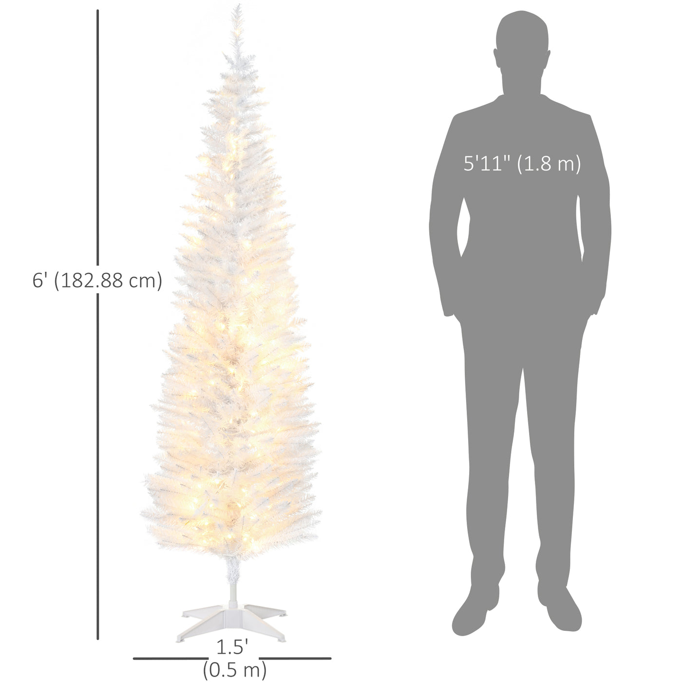 6' Pre Lit Artificial Pencil Christmas Trees, Xmas Tree with Realistic Branches and Warm White LED Lights, White