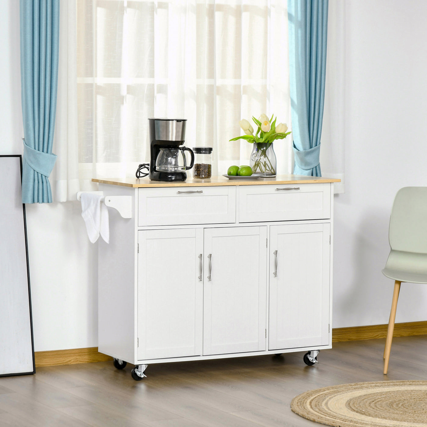 48" Kitchen Island with Storage and Solid Wood Top, Rolling Kitchen Cart on Wheels with 2 Storage Drawers, 3 Doors and Towel Rack for Dining Room, White
