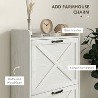 Slim Shoe Storage Cabinet, Farmhouse Shoe Cabinet with 2 Flip Drawers, Adjustable Shelves for 8 Pairs, Distressed White