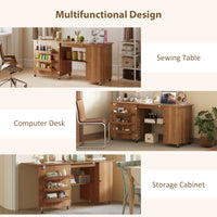 Sewing Machine Table with Drop Leaf, Folding Craft Table with 2 Doors and Adjustable Shelf for Small Spaces, Brown