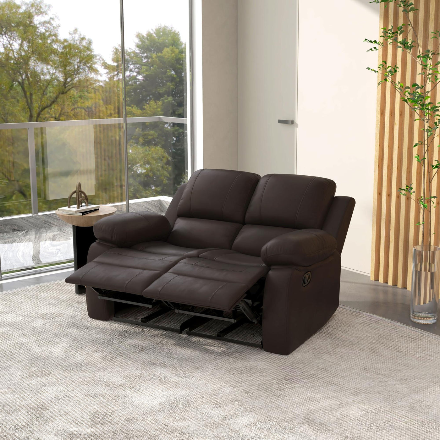 Reclining Loveseat Sofa with Pullback Control Footrest, Leather Manual Recliner for Living Room, Easy Cleaning & Assembly, Brown