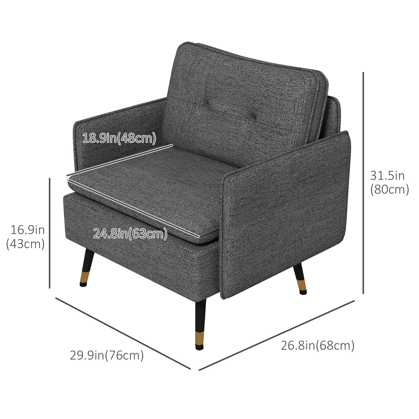 Accent Chair, Upholstered Armchair with Tufted Back Cushion and Steel Legs for Living Room, Bedroom, Dark Grey