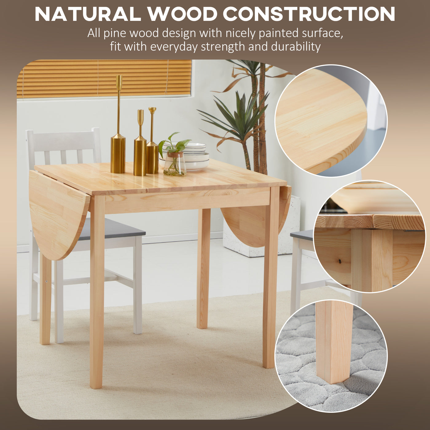 Solid Wood Kitchen Table, Drop Leaf Tables for Small Spaces, Folding Dining Table, Natural