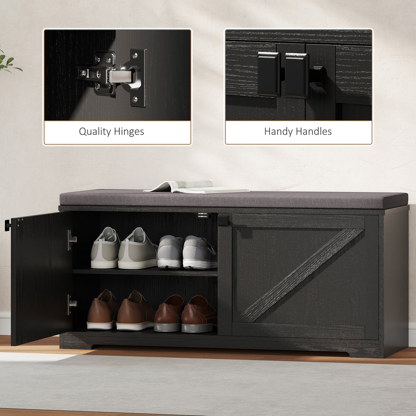 Shoe Storage Bench with Padded Seat, Entryway Bench Holds up to 352 lb, Shoe Organizer, 8 Pairs, Black Wood Grain