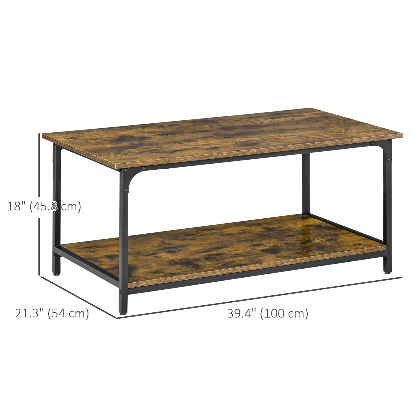 Industrial Coffee Table with Storage Shelf, 2-tier Center Table for Living Room, Rustic Brown