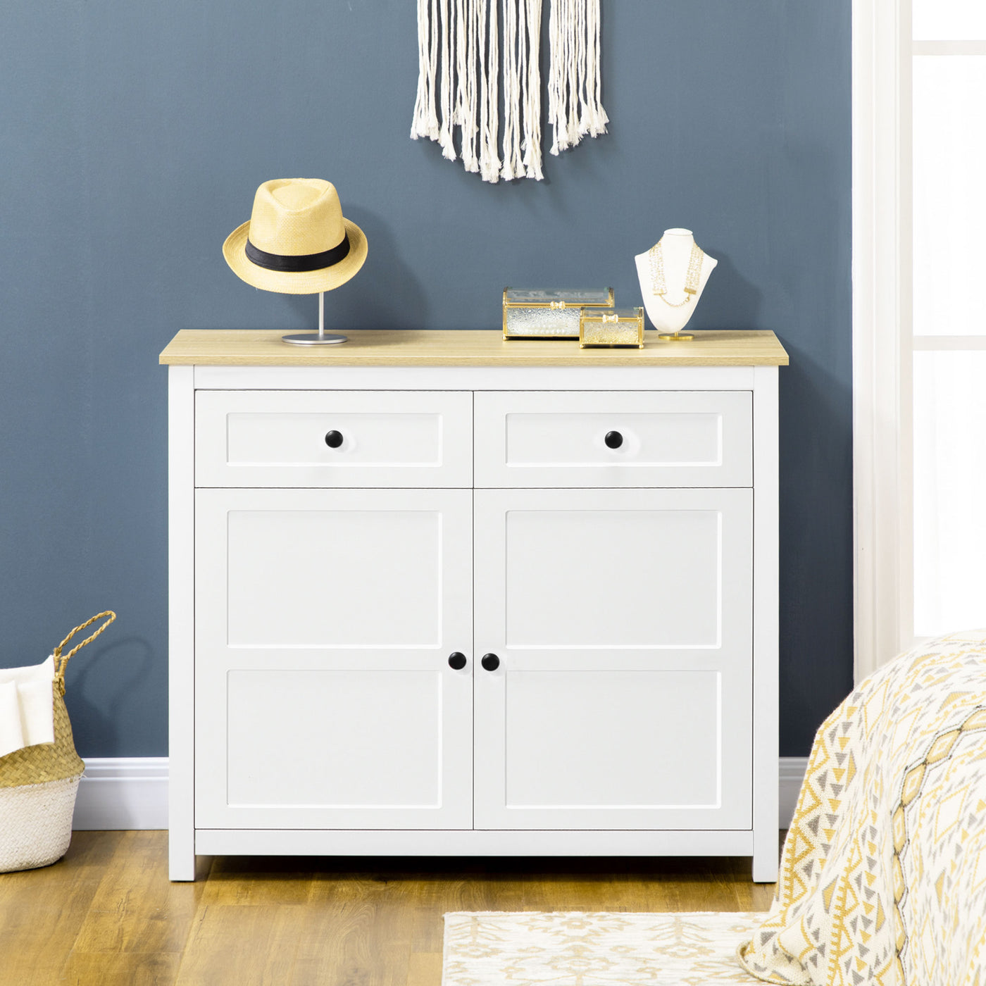 Sideboard, Modern Kitchen Storage Cabinet with Drawers and Adjustable Shelf, for Living Room and Entryway, White