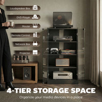 5-Tier AV Media Stand with Push to Open Glass Doors, Audio-Video Storage Cabinet with Adjustable Shelves for DVD Players, Games Consoles, Routers, Distressed Black