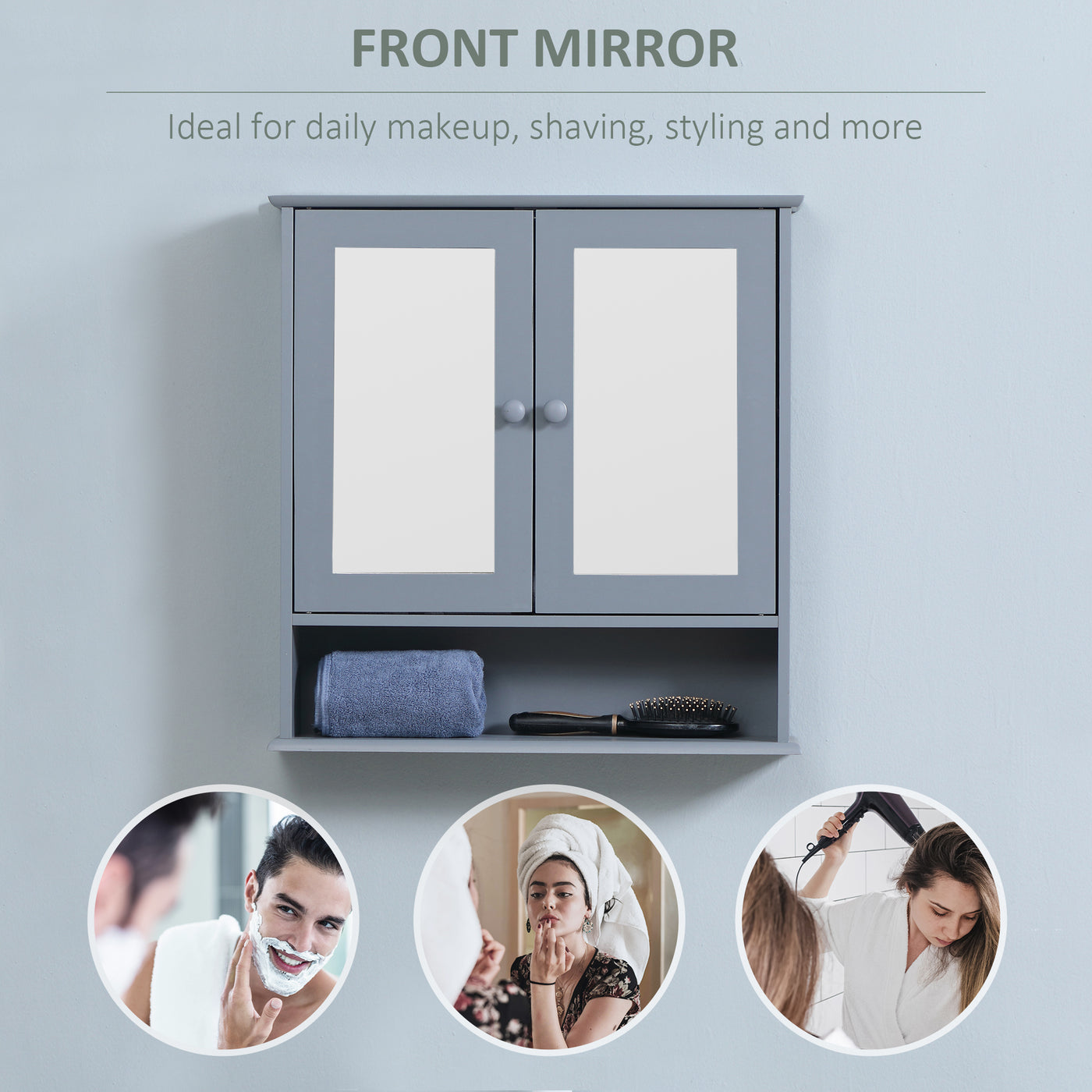 Medicine Cabinet, Wall-Mounted Bathroom Mirror Cabinet with Double Doors, Open Shelf, and Adjustable Shelf, Modern Bathroom Wall Cabinet, Grey