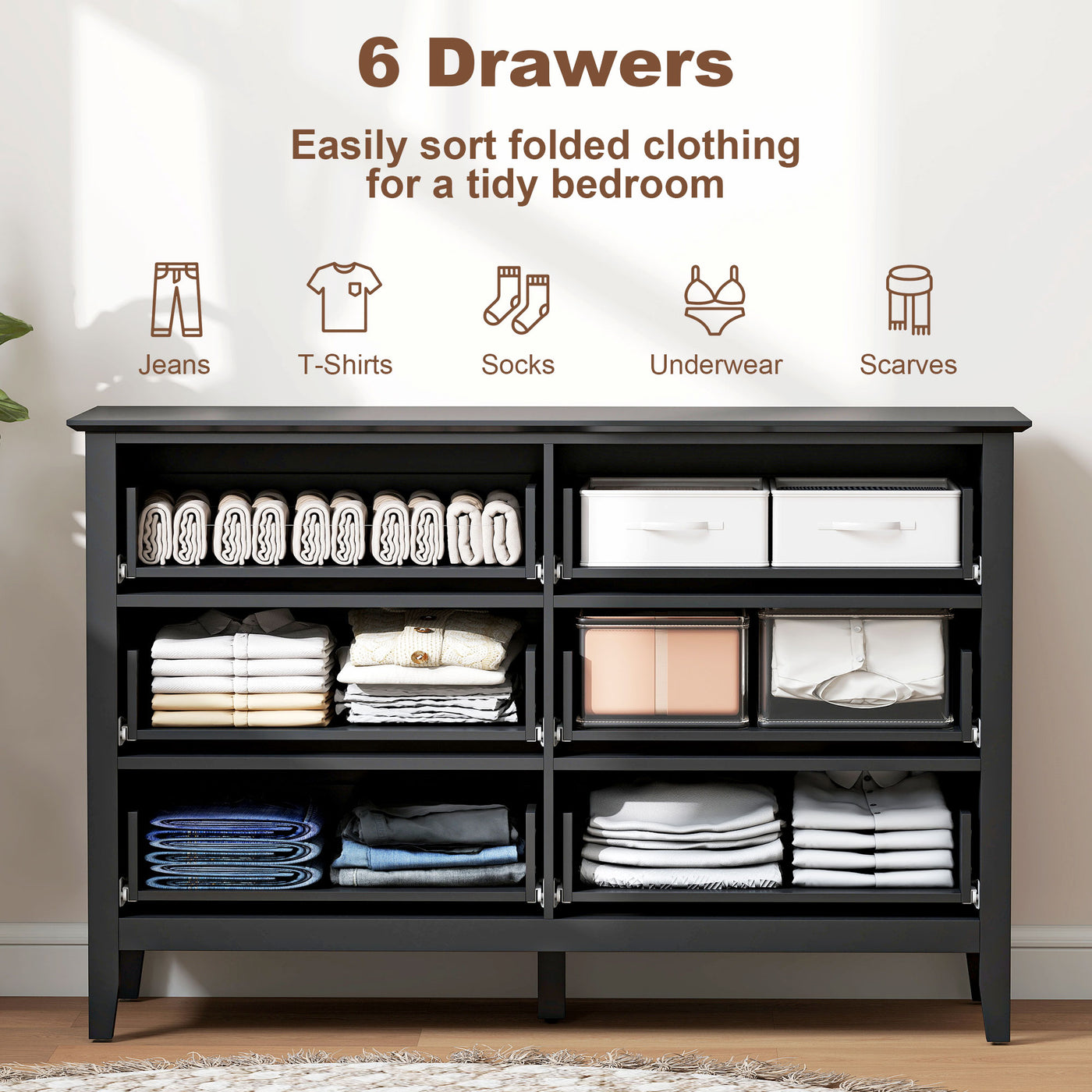 Double Chest of Drawers, Modern 6 Drawer Dresser for Bedroom, Living Room, Hallway, Closet, Black