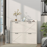 Narrow Shoe Storage Cabinet with 4 Flip Drawers, Adjustable Shelves, 16 Pair Farmhouse Shoe Cabinet, White Oak