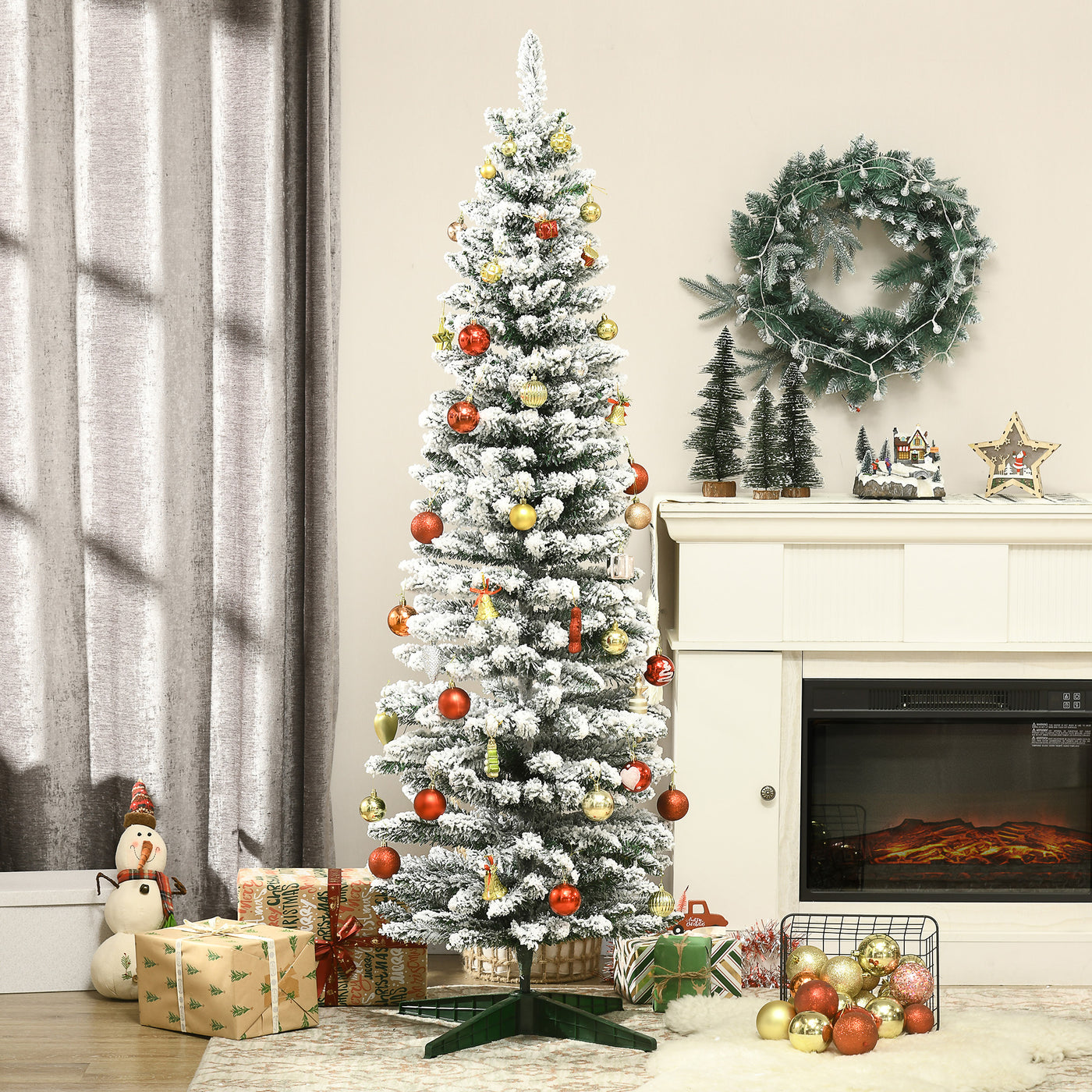 6ft Tall Pencil Artificial Christmas Tree, Holiday Décor with Snow Flocked Branches, Green