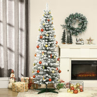 6ft Tall Pencil Artificial Christmas Tree, Holiday Décor with Snow Flocked Branches, Green