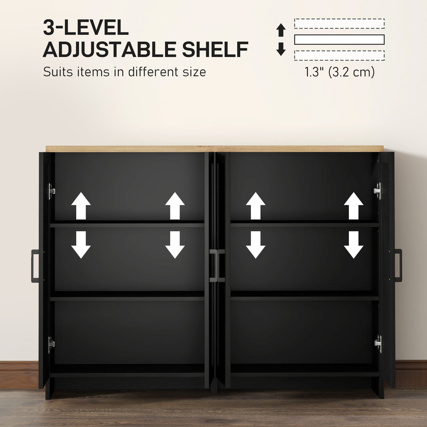 Modern Sideboard Buffet Cabinet, Modern Kitchen Storage Cabinet with 4 Doors Adjustable Shelves, for Dining Room, Black