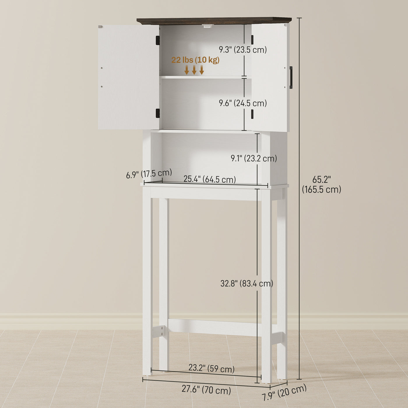 Over The Toilet Storage, Bathroom Cabinet Over Toilet with Open Shelf and Adjustable Bottom Bar, White
