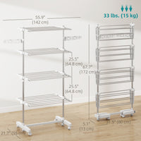 Garment Drying Rack Stainless Steel Folding Clothes Hanging Rack with Side Wings Castors for Indoor Outdoor White