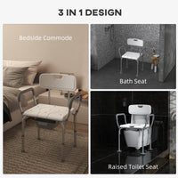 3-in-1 Shower Chair with Back, Adjustable Bedside Commode, Raised Toilet Seat w/ Rubber Foot Pad for Seniors, Disabled
