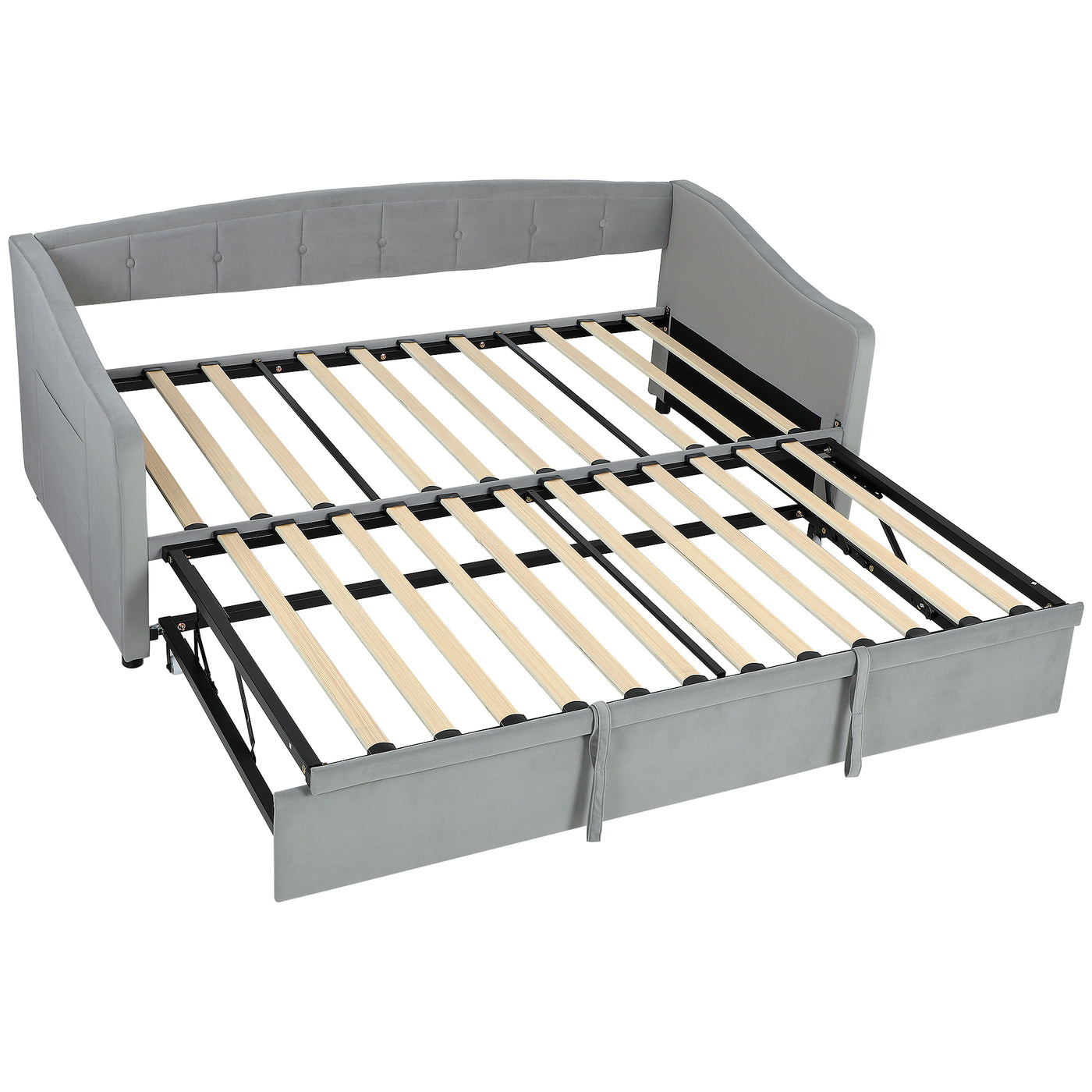 Upholstered Twin Size Trundle Bed, Velvet Twin to King Day Bed with Pop Up Trundle, Headboard and 2 Pockets, Light Grey