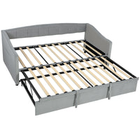 Upholstered Twin Size Trundle Bed, Velvet Twin to King Day Bed with Pop Up Trundle, Headboard and 2 Pockets, Light Grey
