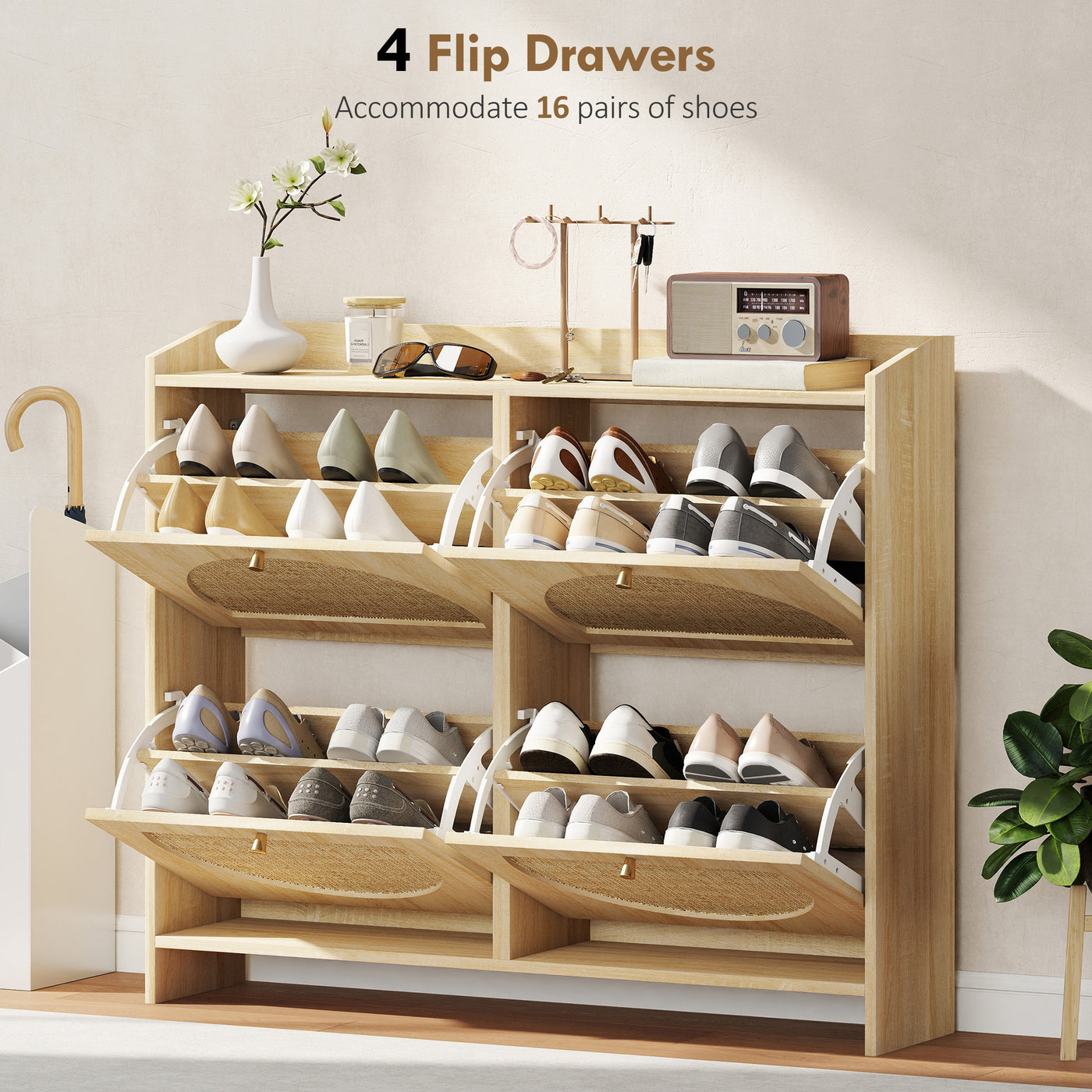 4 Flip-Drawer Shoe Cabinet, Shoe Storage Cabinet with Rattan Doors and Adjustable Shelves, Holds 16 Pairs, Natural