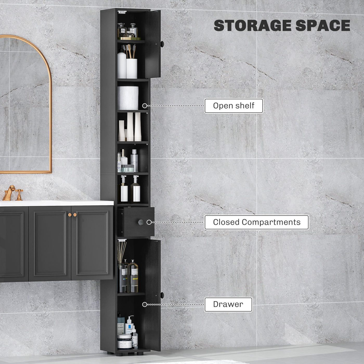 71" Tall Bathroom Cabinet, Narrow Toilet Paper Cabinet with Open Shelves, 2 Door Cabinets, Adjustable Shelves, Black
