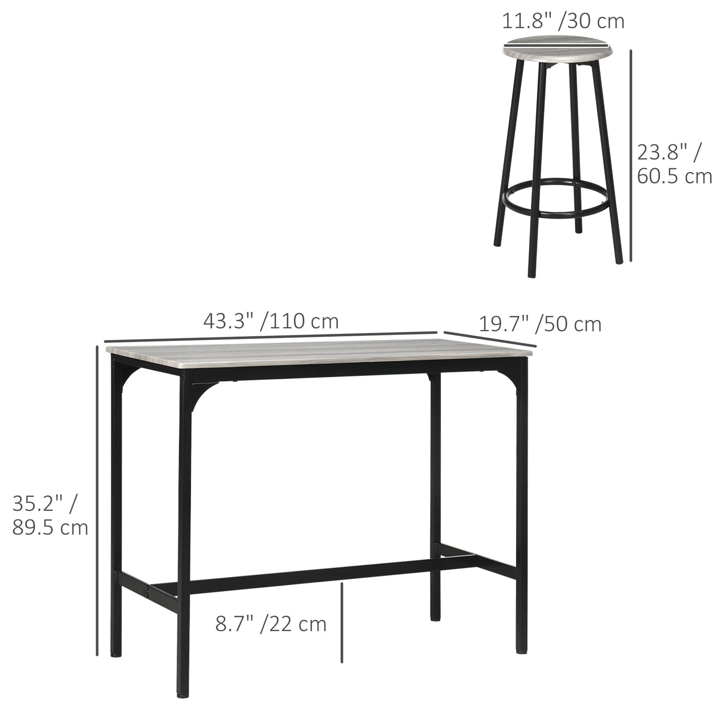 5-Piece Bar Table Set for 4, Industrial Counter Height Bar Table and Chairs for Kitchen, Dining Room, Grey