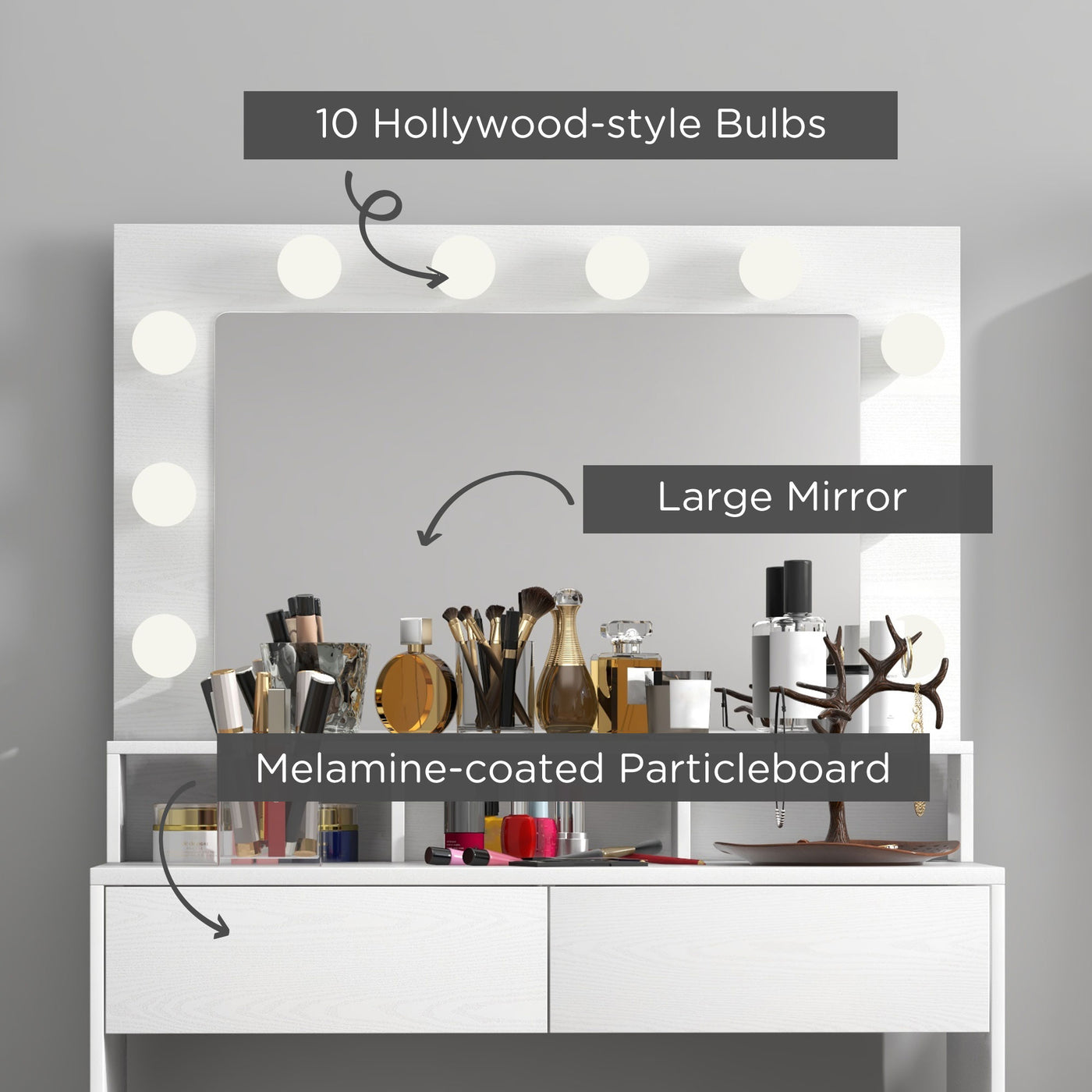 Vanity Table, Makeup Dressing Table with LED Lighting Mirror, Drawers, for Bedroom, White
