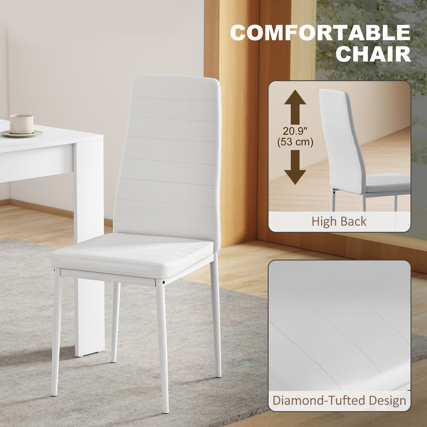 Dining Table Set for 2, Square Kitchen Table and Chairs, Dining Room Table and PU Leather Upholstered Chairs, White