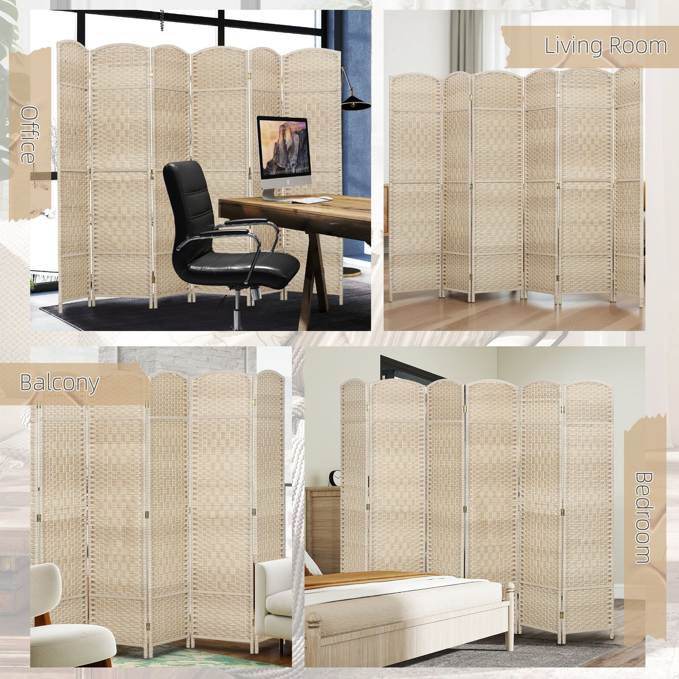 6 Ft Tall Folding Room Divider, 6 Panel Portable Privacy Screen, Hand-Woven Partition Wall Divider, Light Oak