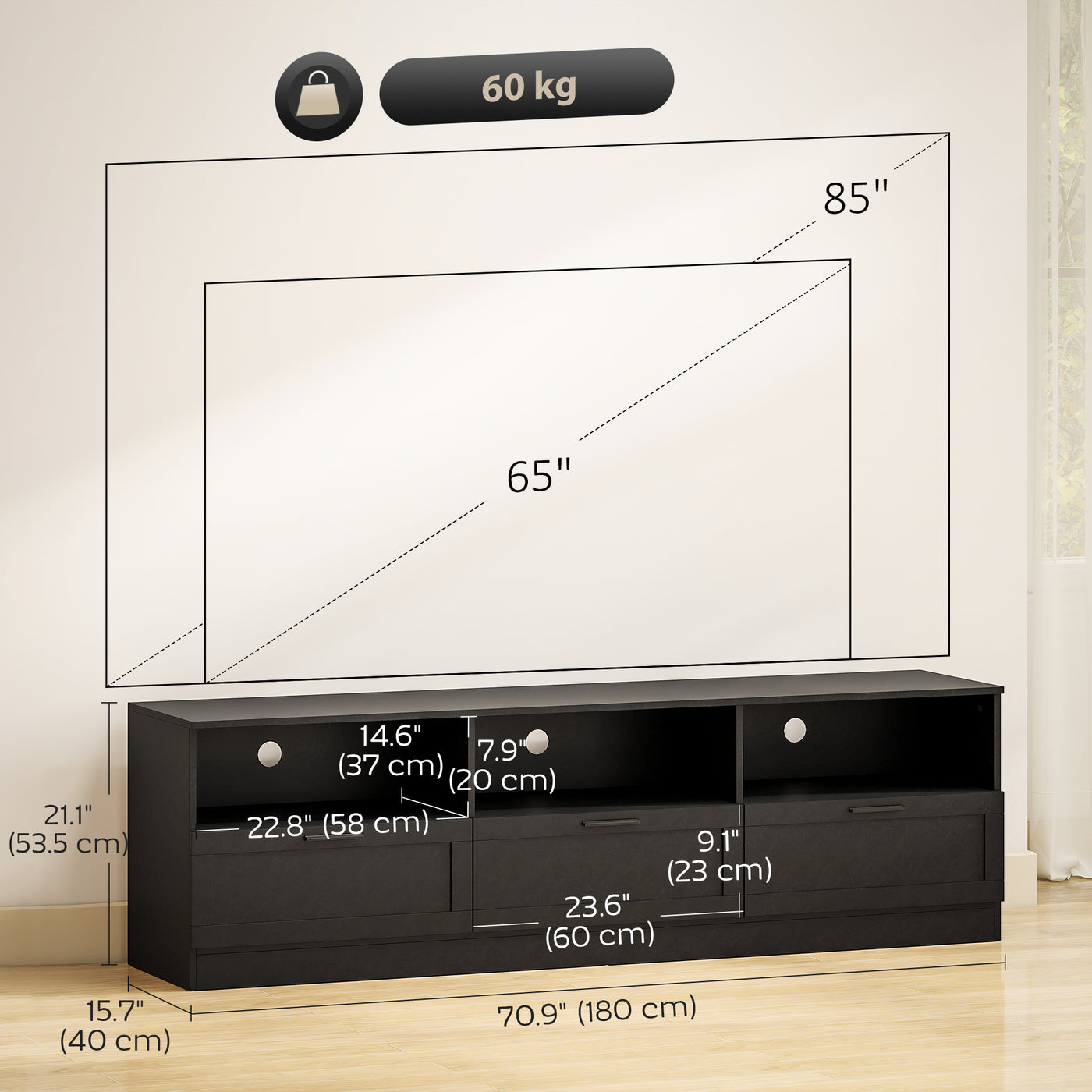TV Stand with Storage, Modern Entertainment Center with 3 Cabinets and 3 Open Shelves, for TVs up to 85", Black