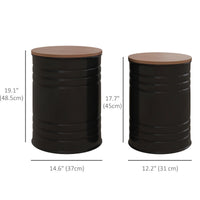 Round Side Table Set of 2, Nesting Coffee Tables w/ Wooden Lid, Metal Frame and Hidden Storage Space for Bedroom, Black
