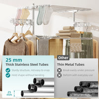 Garment Drying Rack Stainless Steel Folding Clothes Hanging Rack with Side Wings Castors for Indoor Outdoor White