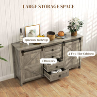 60" Buffet Cabinet, Farmhouse Sideboard with Sliding Barn Doors, Drawers and Adjustable Shelves, Distressed Light Grey