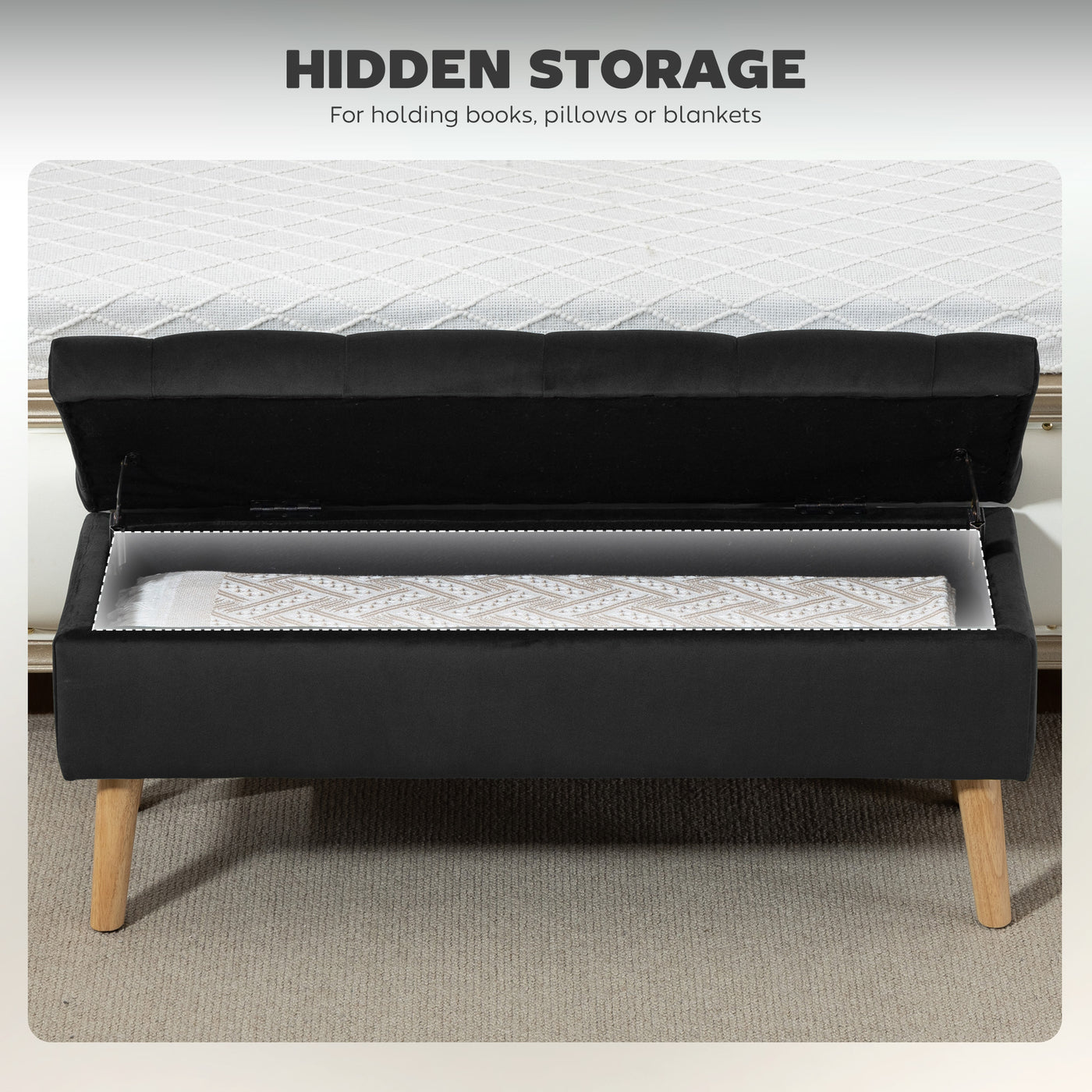 Storage Ottoman with Lid, Velvet Upholstered Storage Bench with Wood Legs for Living Room, Black