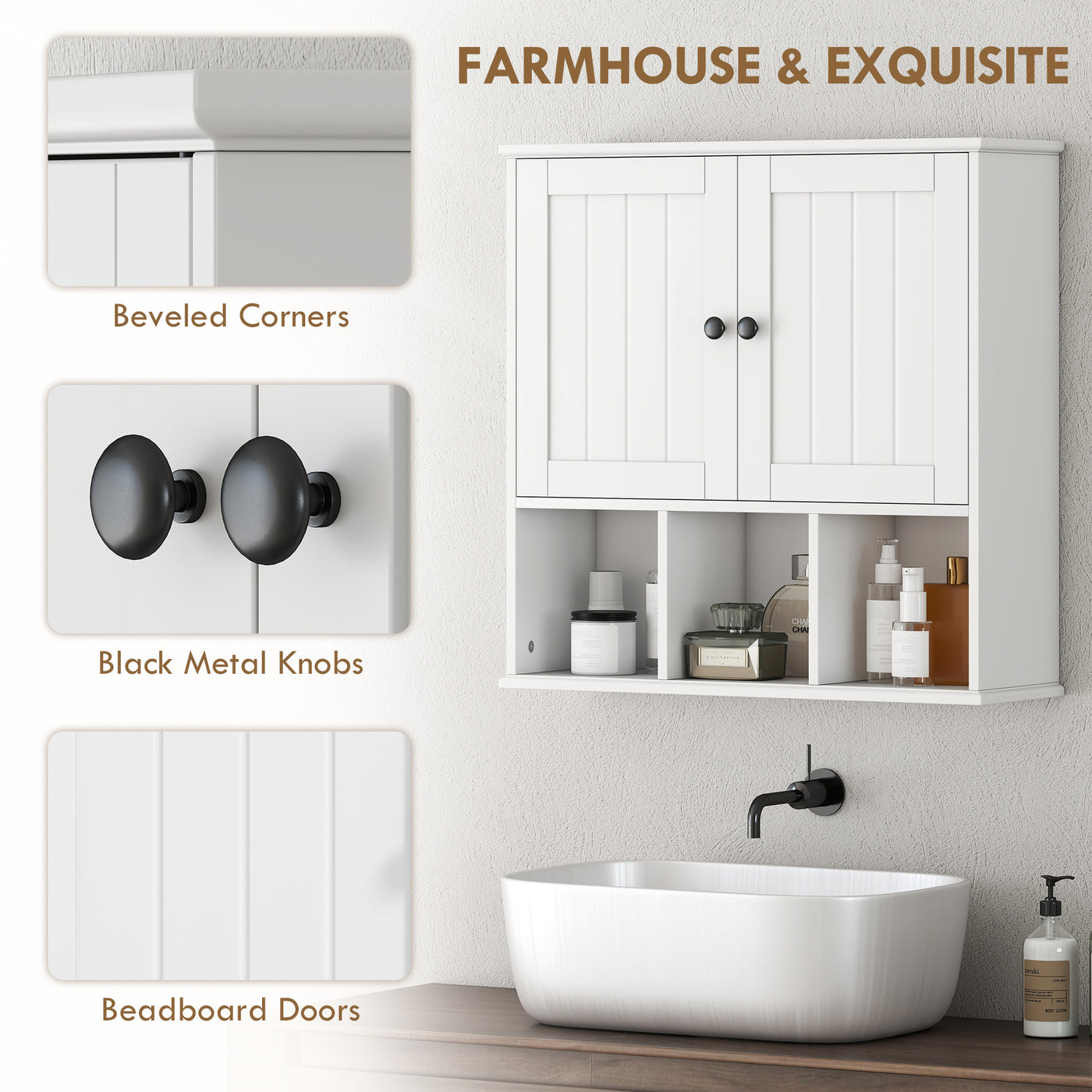 Farmhouse Bathroom Wall Cabinet, Wall Mounted Medicine Cabinet with Adjustable Shelf, Open Compartments, White