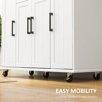 Modern Rolling Kitchen Island Cart with Drawers, Natural Wood Top, Towel Rack, Door Storage Cabinet, White