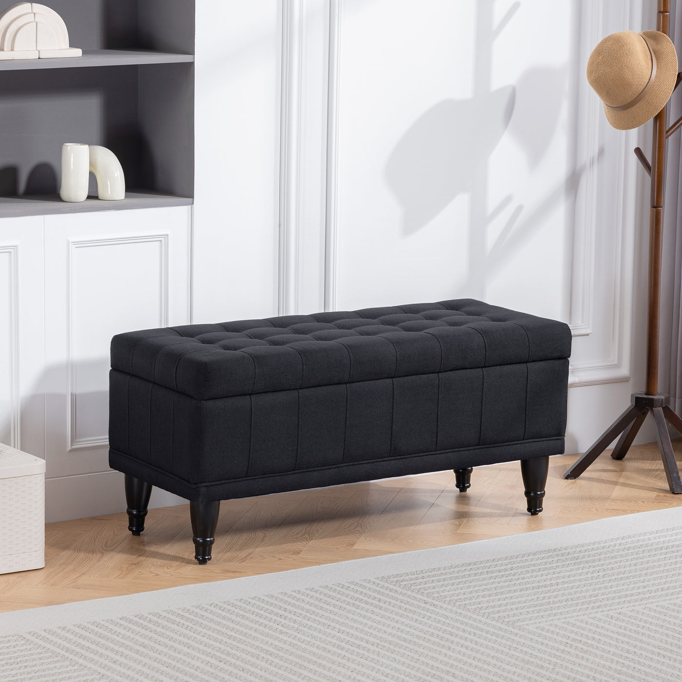 Storage Ottoman, Linen Fabric End of Bed Bench with Button Tufted Storage Bench for Bedroom, Black