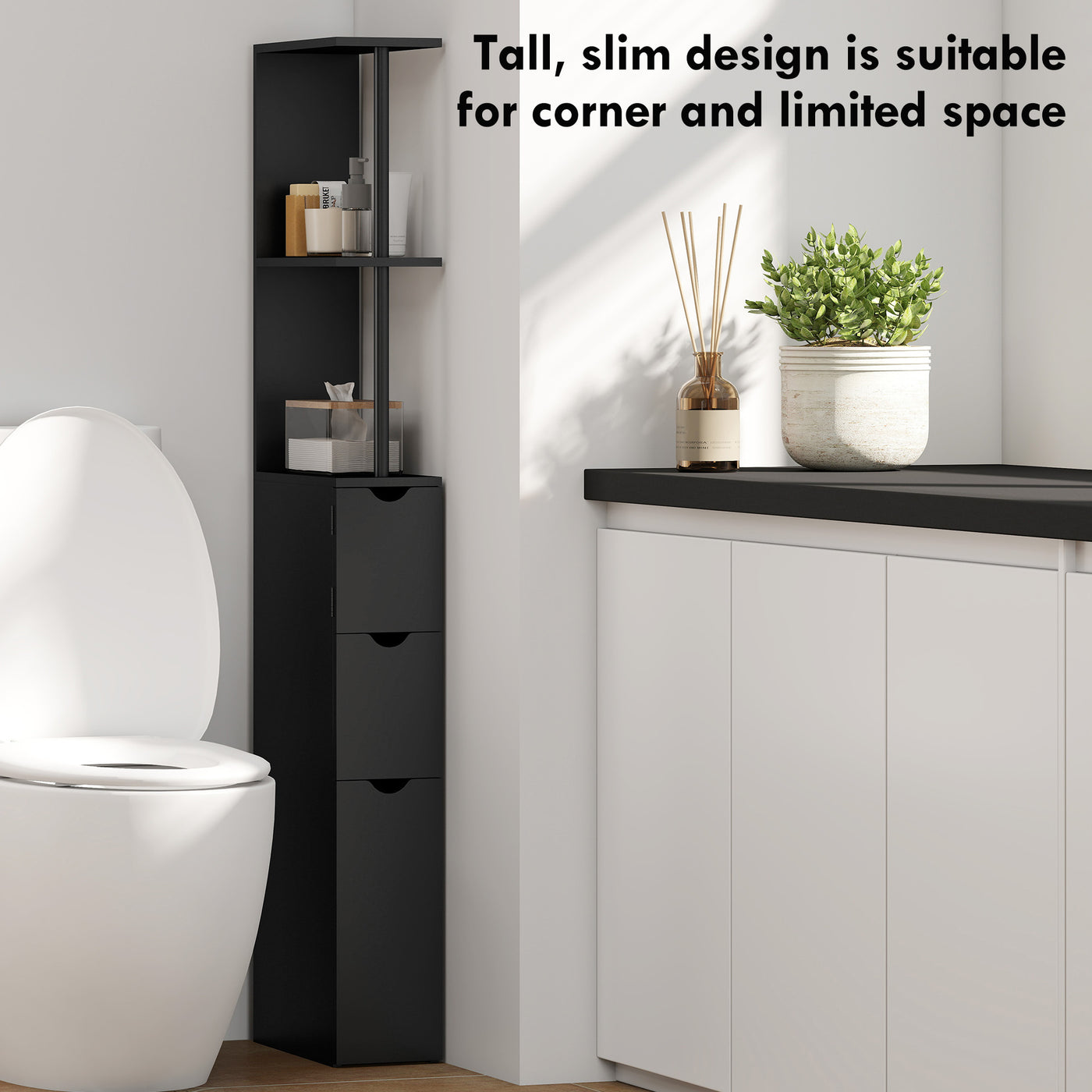 Tall Bathroom Storage Cabinet, Narrow Bathroom Cabinet with Drawers and Open Shelves for Small Spaces, Black