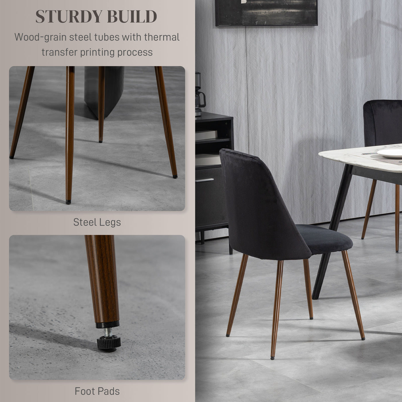 Upholstered Dining Chairs Set of 4, Velvet Accent Chair with Back and Wood-grain Steel Leg for Kitchen, Black