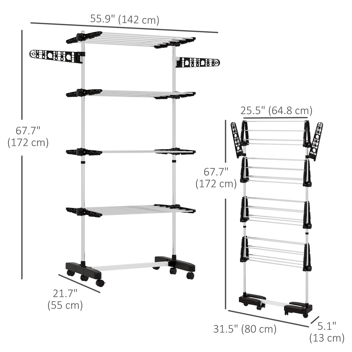 Garment Drying Rack Stainless Steel Folding Clothes Hanging Rack with Side Wings Castors for Indoor Outdoor Black