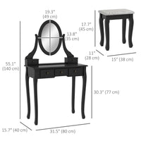 Vanity Desk with Stool, Makeup Vanity with 360° Rotating Oval Mirror, 5 Drawers and Padded Seat, Dressing Table for Bedroom, Black
