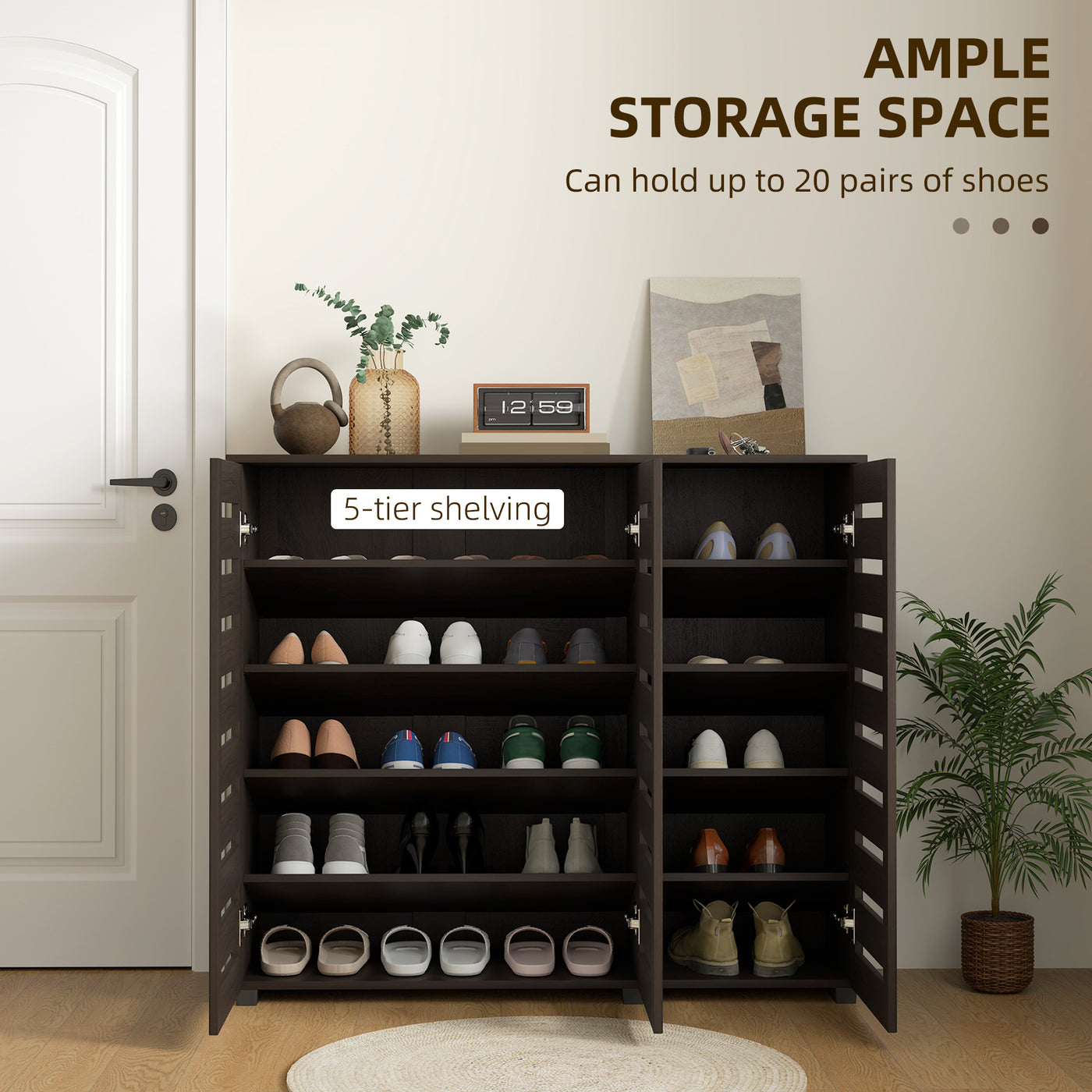 Narrow Shoe Cabinet with Slatted Doors, Adjustable Shelves for 20 Pairs of Shoes, Shoe Cabinet for Entryway, Dark Brown