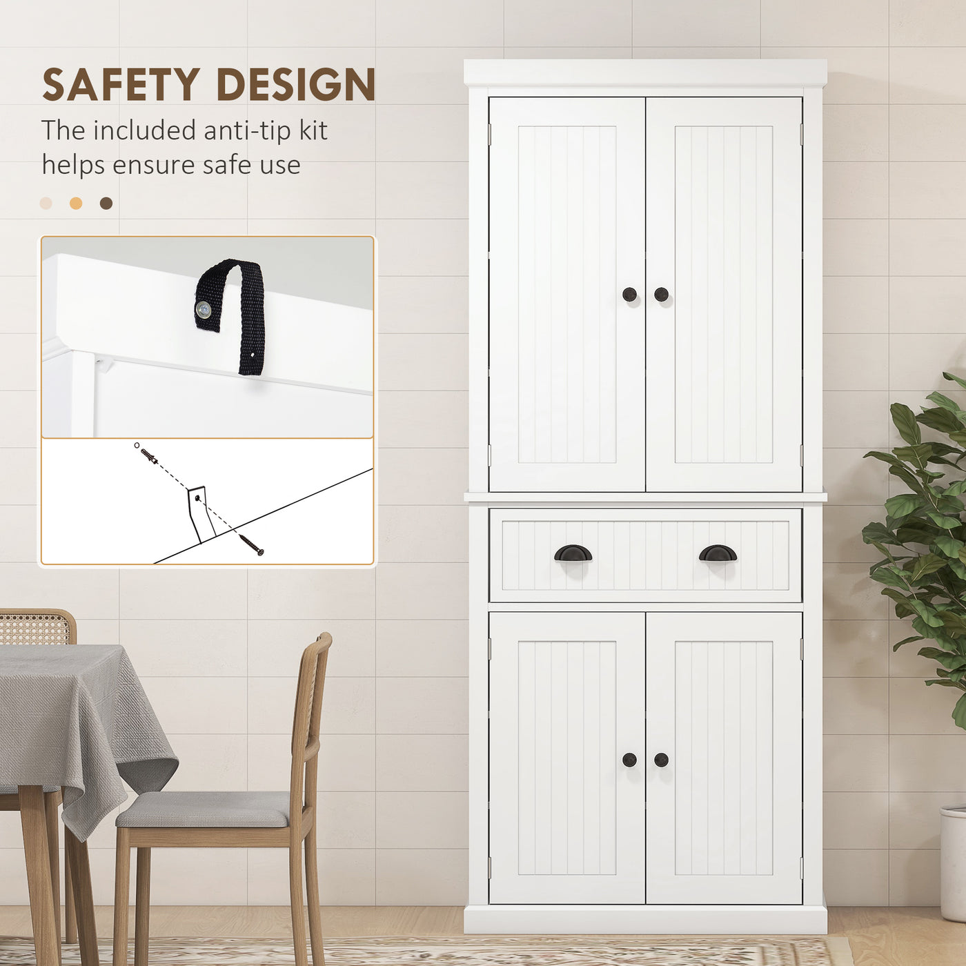 72" Kitchen Pantry, Freestanding Storage Cabinet with Adjustable Shelves, Drawer, Doors, Anti-tip Design, White